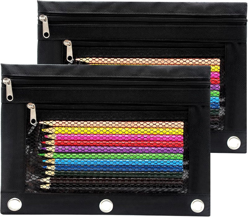 Cinvo Pencil Pouch 3 Ring Binder Pouch Zippered Pencil Case Canvas Pencil Bag with 2 Compartments (Set of 2, Black) - Image 1
